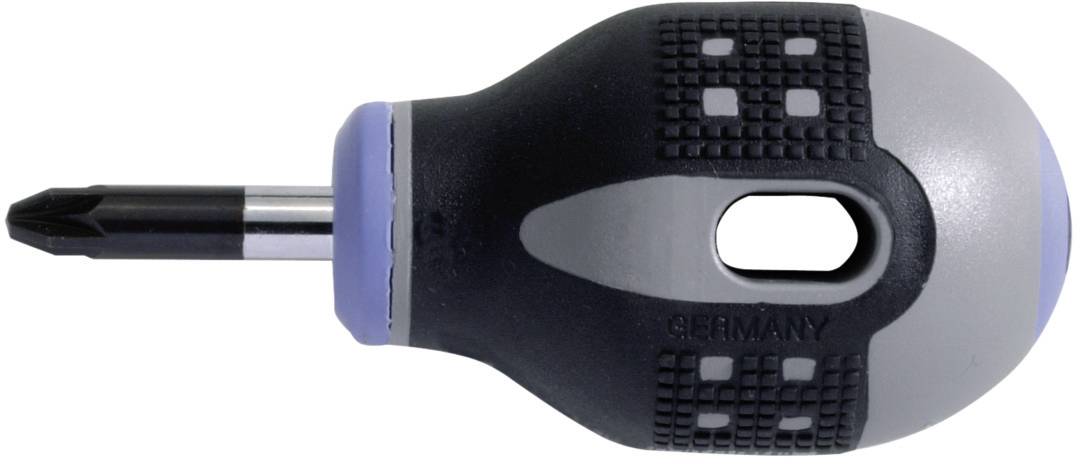 Compact screwdriver with an ergonomic handle and a cross-head tip, suitable for precise work in confined spaces.