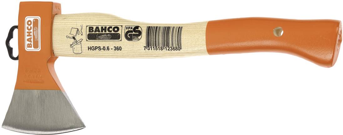Small axe with wooden handle and orange head, Bahco brand, model HGPS 0.6-360. Suitable for woodworking.