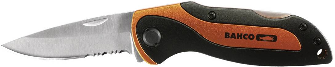 Folding knife with orange and black handle scales, partially serrated blade, in closed position.