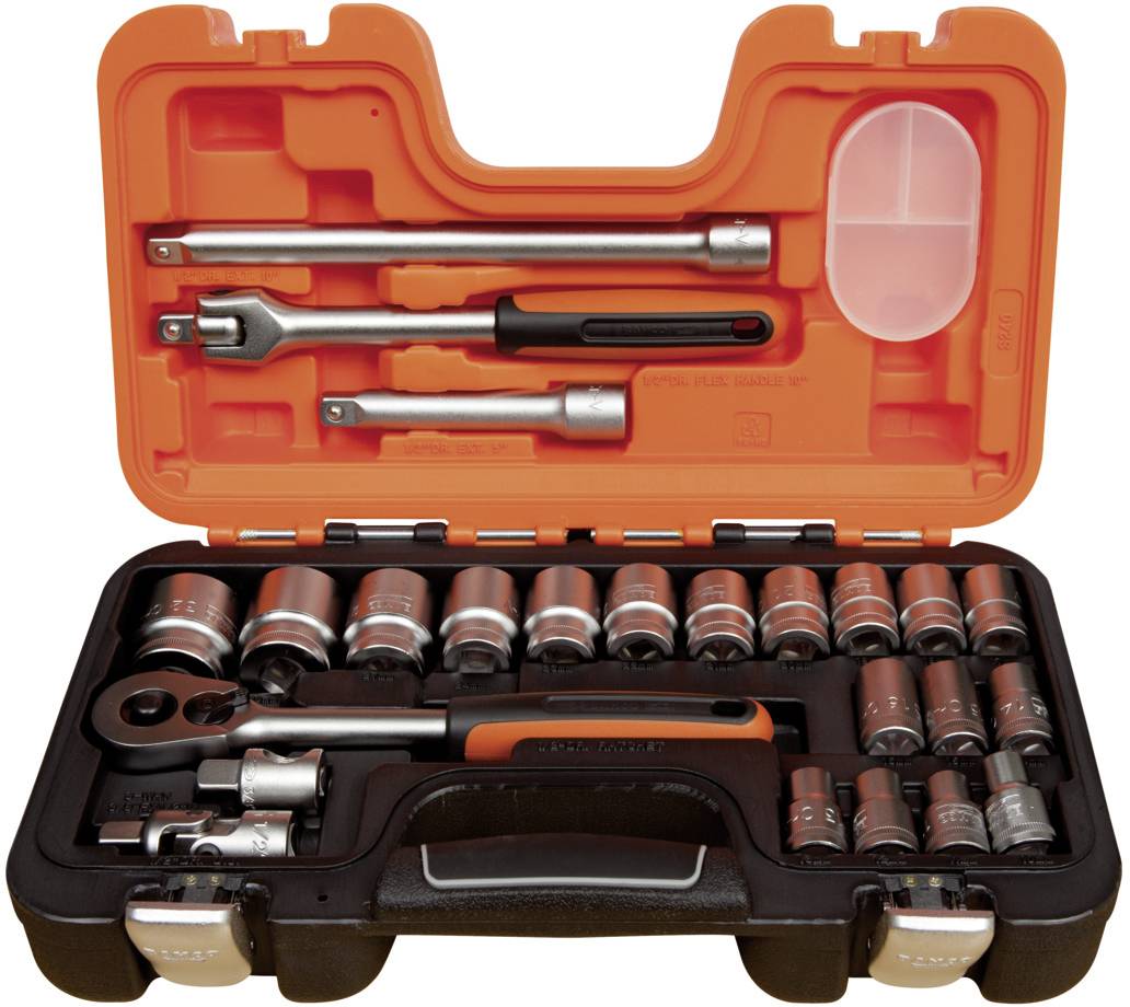 Open toolbox with various socket wrenches, ratchet, and accessories, organised in an orange case.