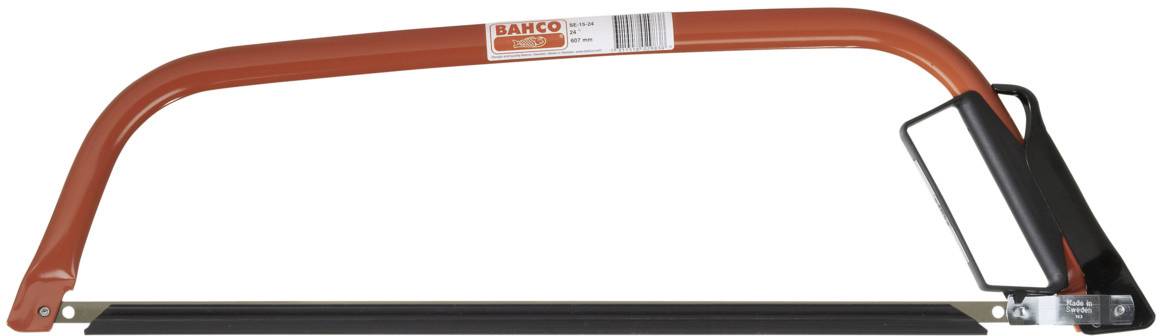 A hacksaw with an orange handle, suitable for cutting wood or metal. It is sturdy and has a replaceable blade.