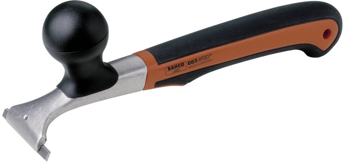 An ergonomic window scraper with a black handle and orange accents, suitable for removing paint or adhesive residue.