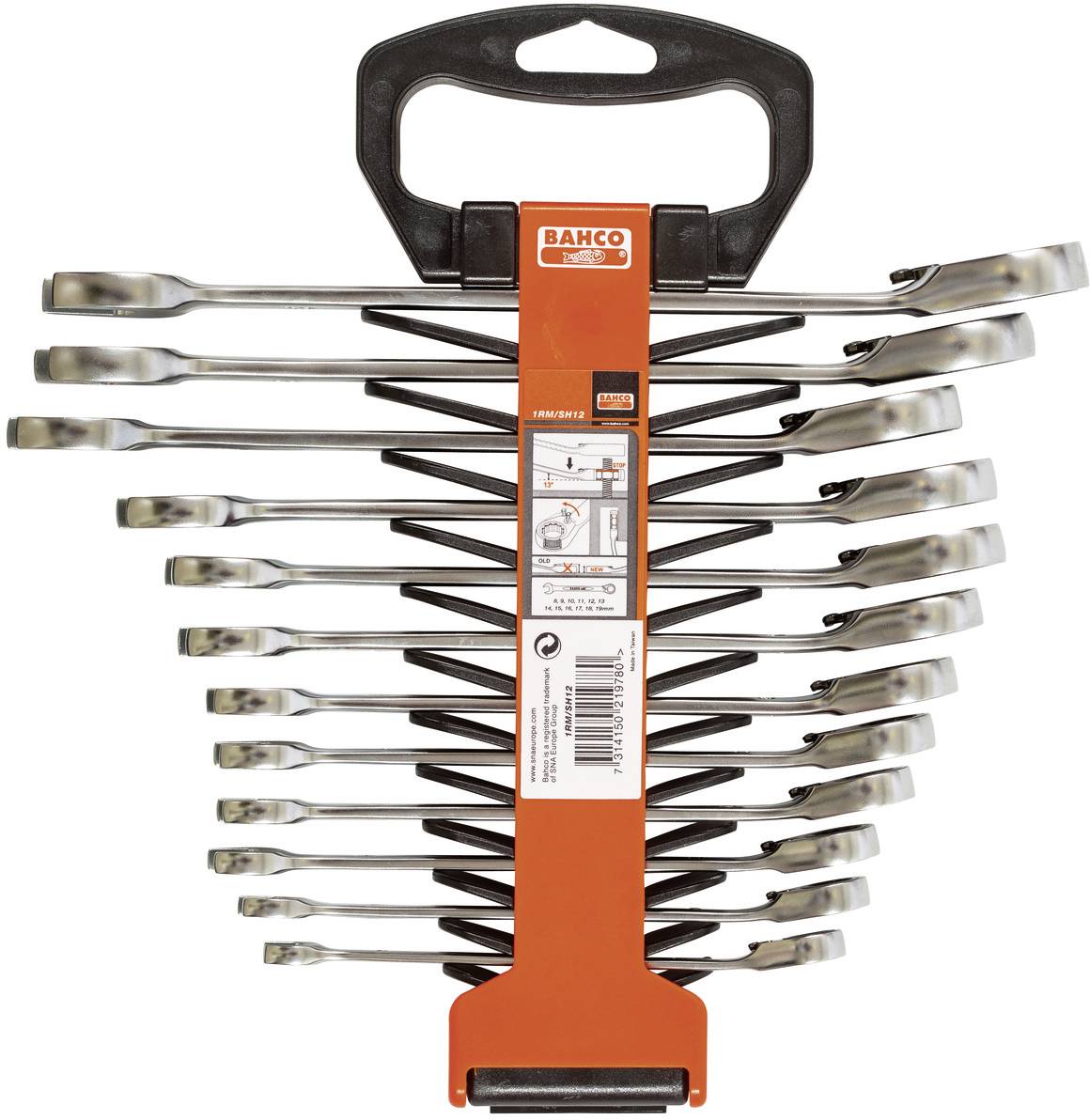 Set of ring spanner keys in various sizes, arranged on a holder with a handle. Bahco brand name at the top of the holder.