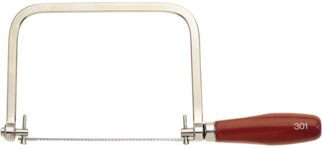 Metal saw with a red wooden handle and fine saw blade, suitable for precise cuts in metal or plastic.