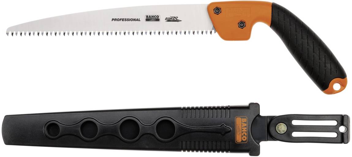 Handsaw with a black, ergonomic handle and orange guard. Underneath, a matching black case with attachment slots.