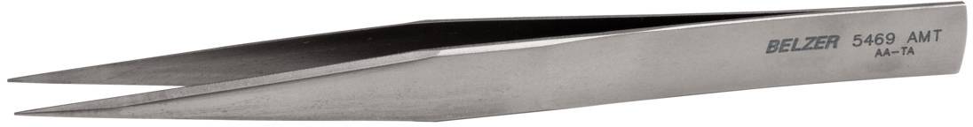 Silver precision tweezers, shown from the side, with inscription 'BELZER 5469 AWT'. Suitable for fine work.