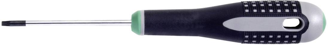 A black cross-head screwdriver with a green ring on the handle. The handle is ergonomically shaped and has white dots for improved grip.