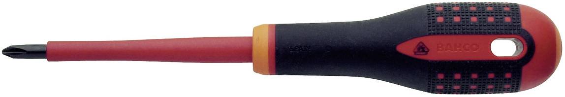 Screwdriver with red and black handle and insulated tip. Ideal for working on electrical equipment.