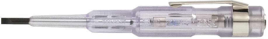 A transparent voltage tester with a metal clip and black tip. Used for testing electrical circuits.