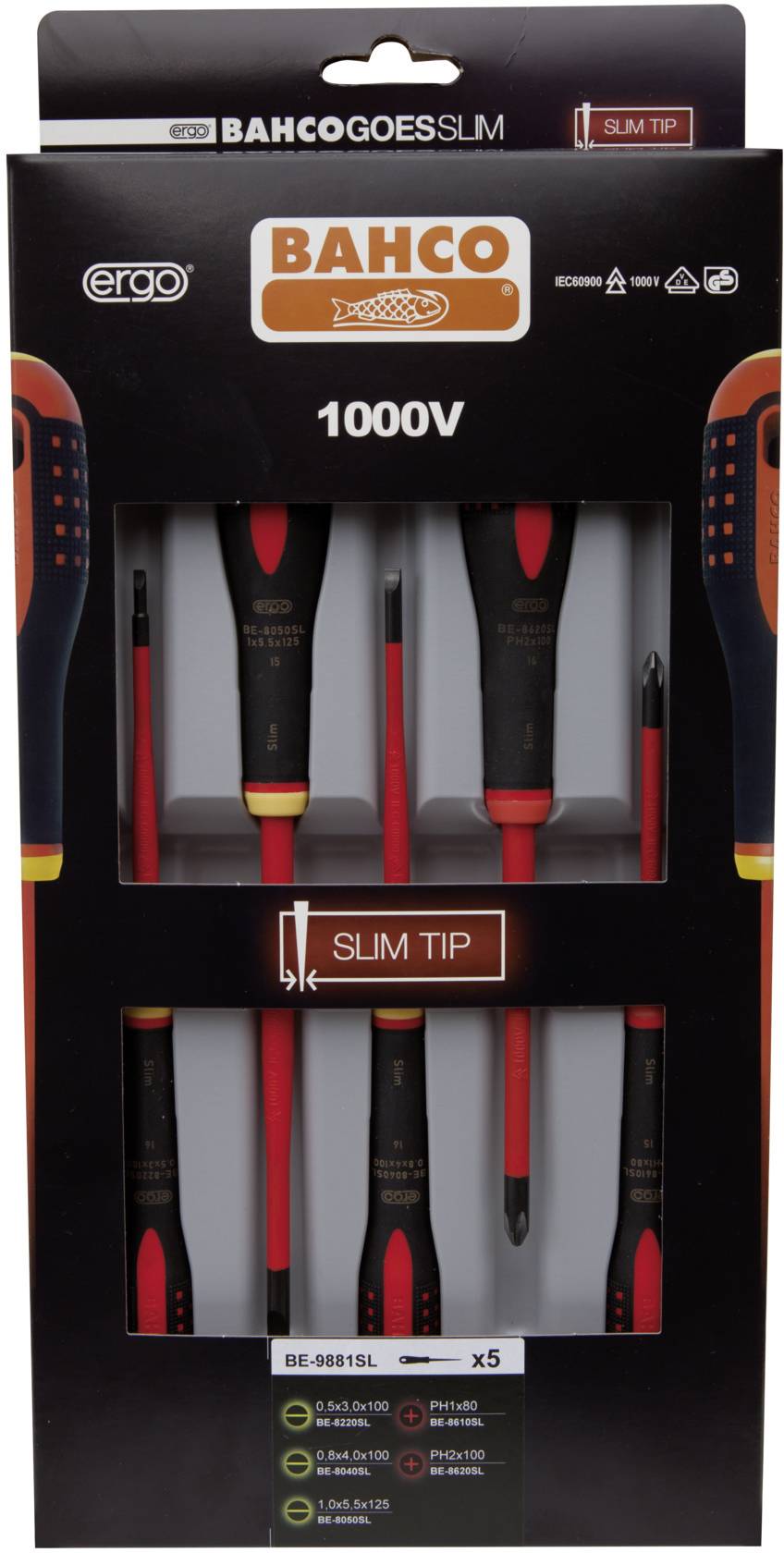 A set of five isolated screwdrivers by Bahco, suitable for work up to 1000V. Ergonomic design with slim tips.