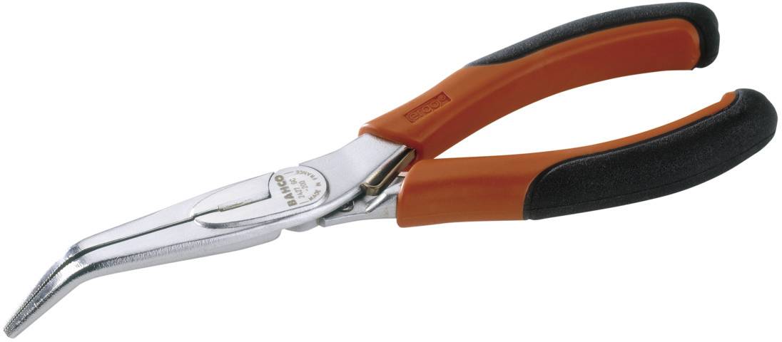 A curved long-nose pliers with orange and black handles is resting on a white surface.