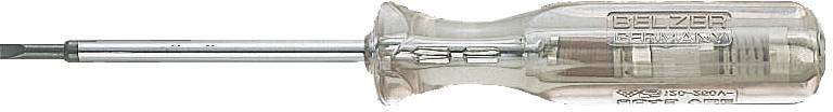 Screwdriver with a transparent handle, printed with 'Belzer Germany', featuring a flat blade.