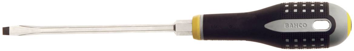 A flat-head screwdriver with a black, ergonomic handle and silver tip, suitable for loosening and tightening screws.