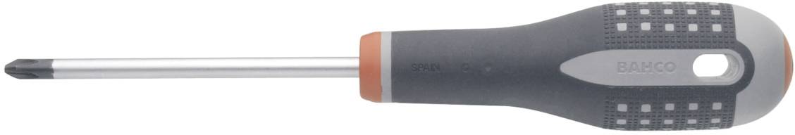 A screwdriver with a grey and black handle. The head is cross-shaped, suitable for tightening or loosening cross-head screws.