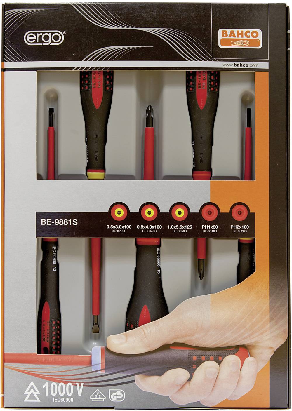 Packaging containing six Bahco screwdrivers. The screwdrivers are insulated and suitable for voltages up to 1000 V.