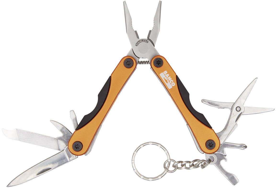 A multi-tool with an orange handle, when unfolded it reveals pliers, a knife, scissors and other tools, attached to a keyring.