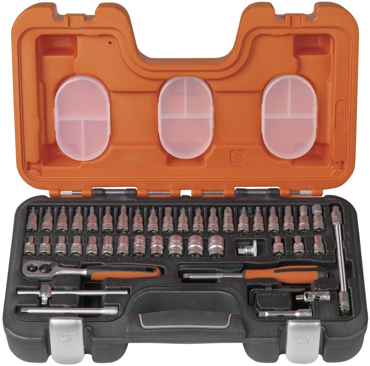 Tool case with socket wrench set. Contains various bits, ratchets, extensions and drive bars, in an orange and black case.