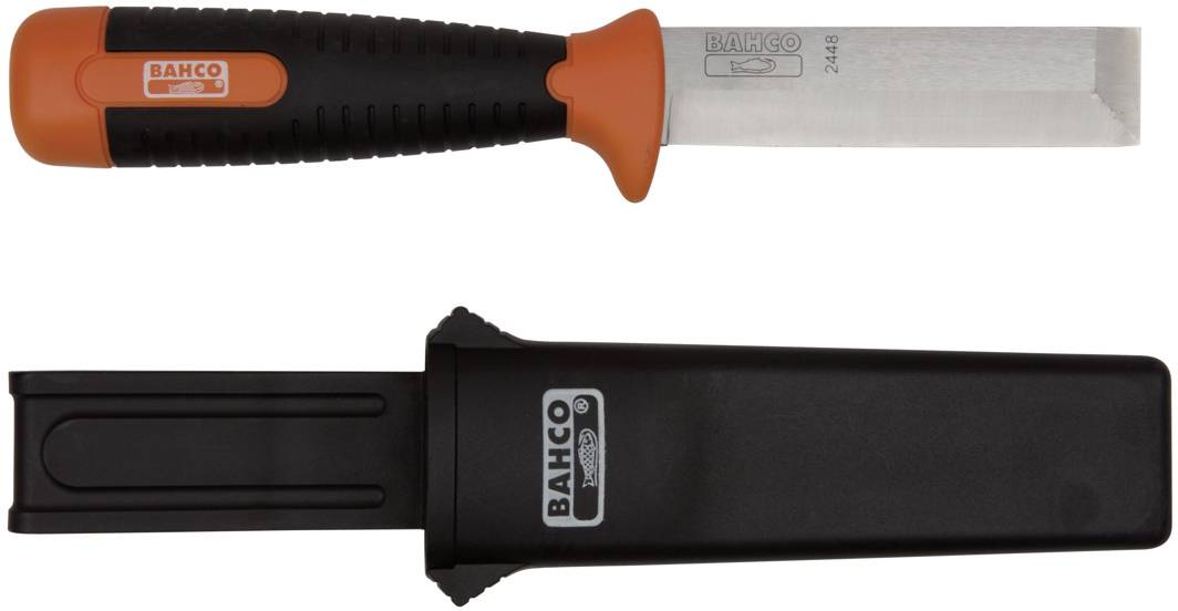 Chisel with a black handle and orange ring, marked with 'Bahco 2448'. Accompanied by a black plastic sheath.