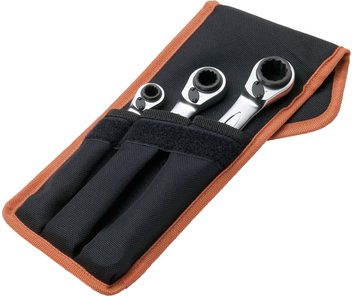 Three ratchets in different sizes in a black fabric case with an orange trim.