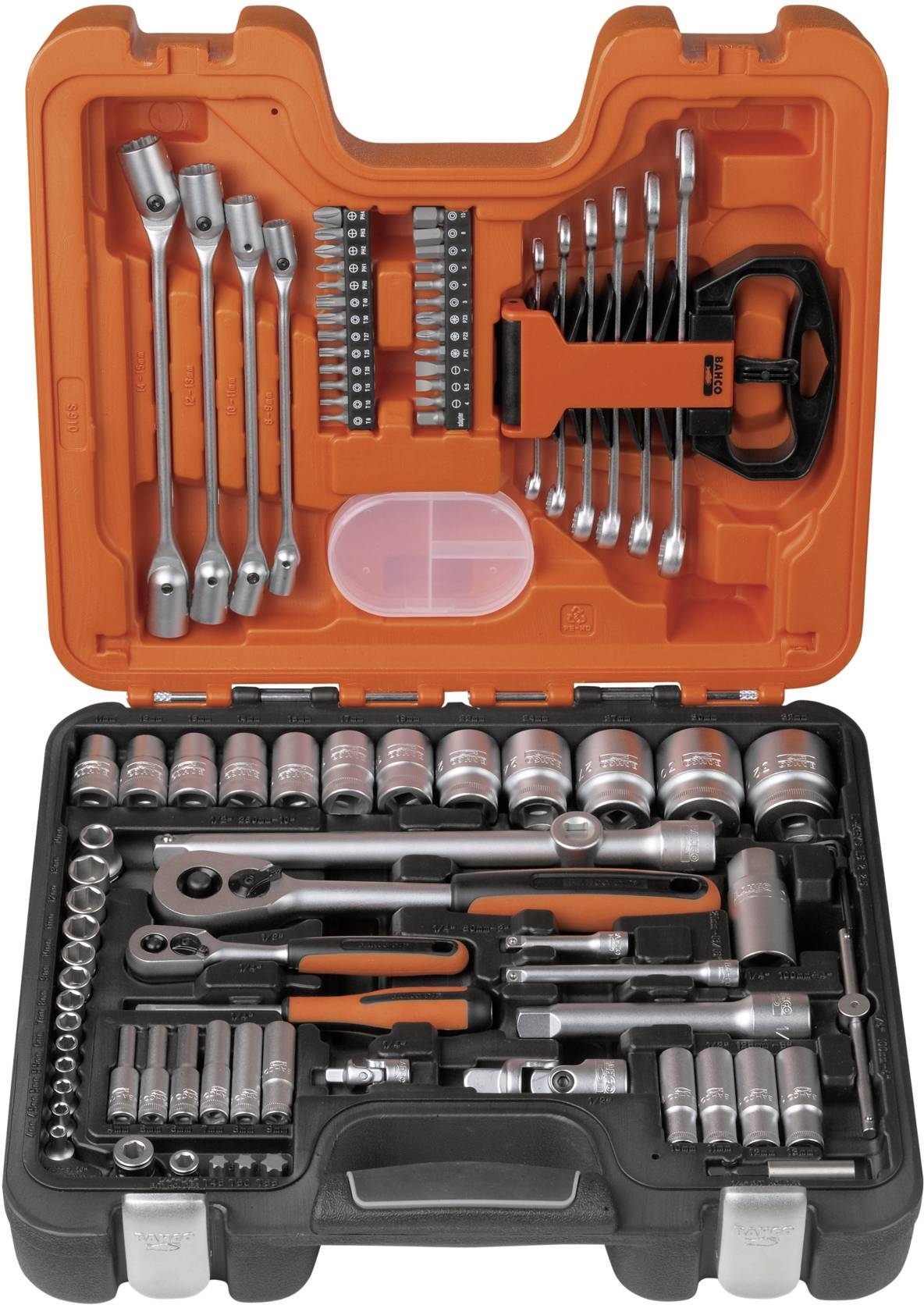 An opened tool case with a variety of sockets, ratchets, and screwdrivers, neatly arranged.