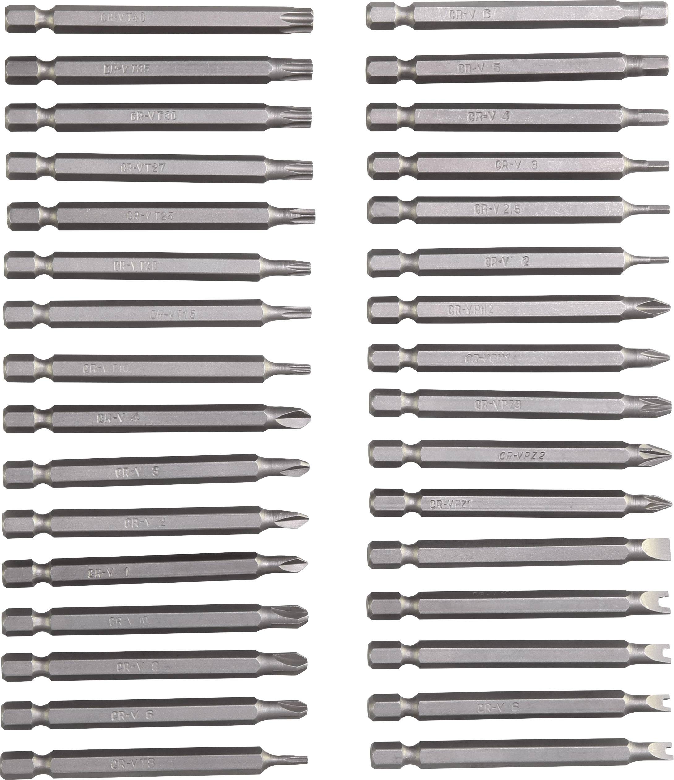 Storage of 32 interchangeable screwdriver bits in two parallel rows, with various screw head types for different applications.