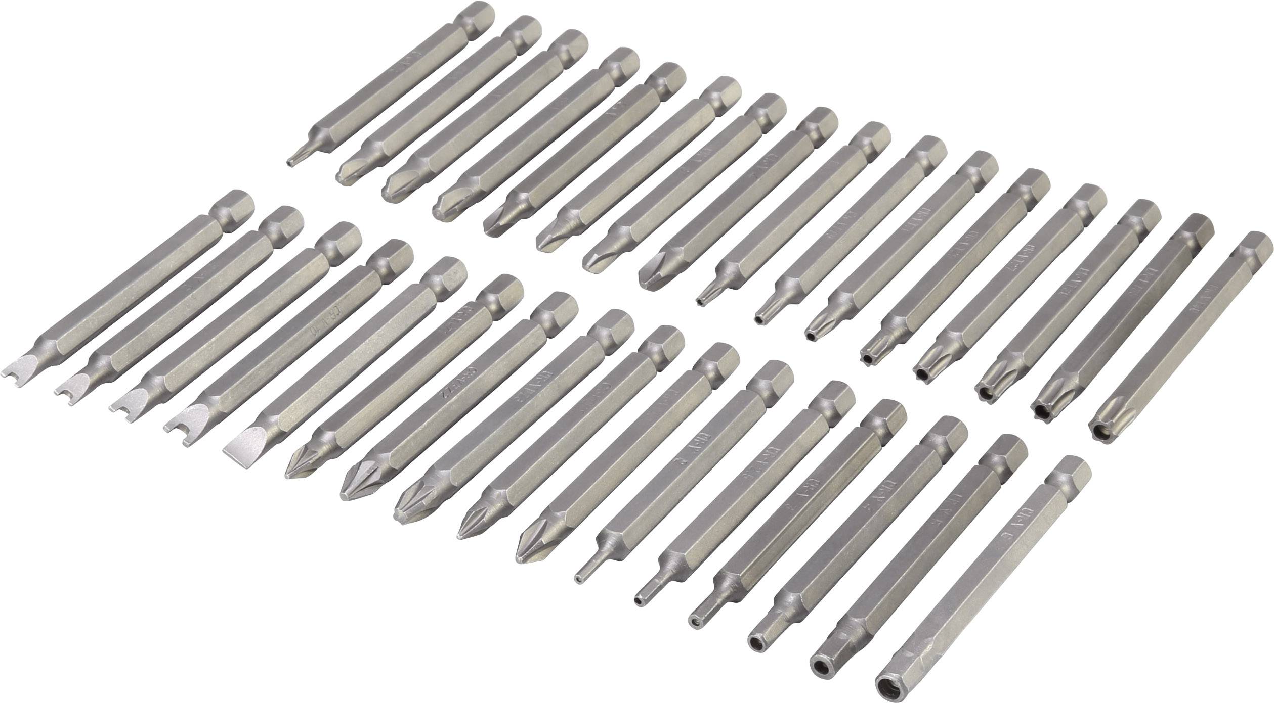 A set of 30 screwdriver bits in various shapes and sizes, arranged in three rows. Suitable for diverse screw-related tasks.