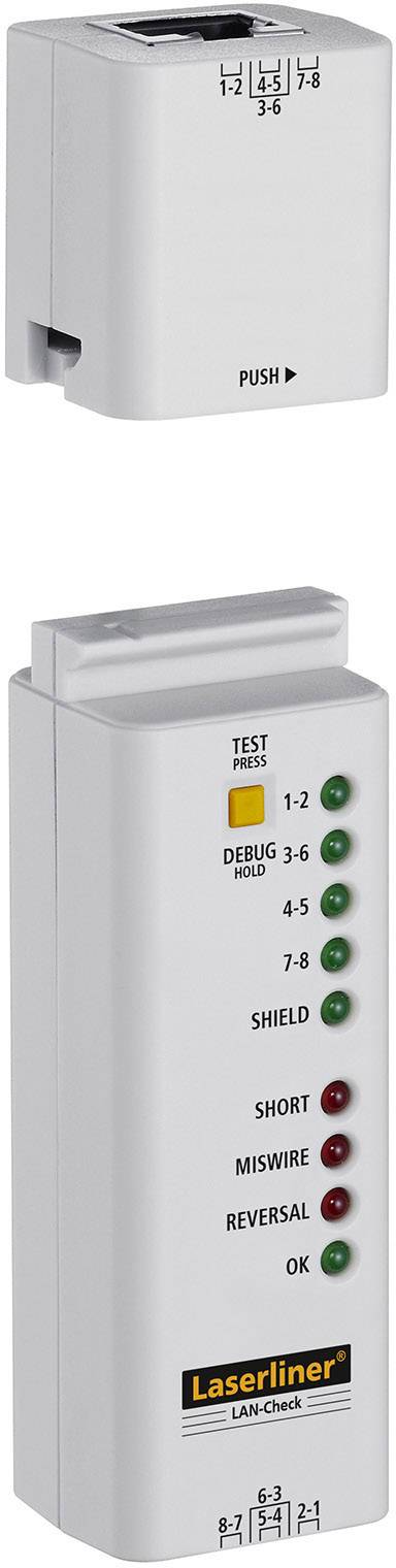 LAN Tester with LED indicators for short circuit, wiring errors and correct connection. Suitable for diagnosing network cables.