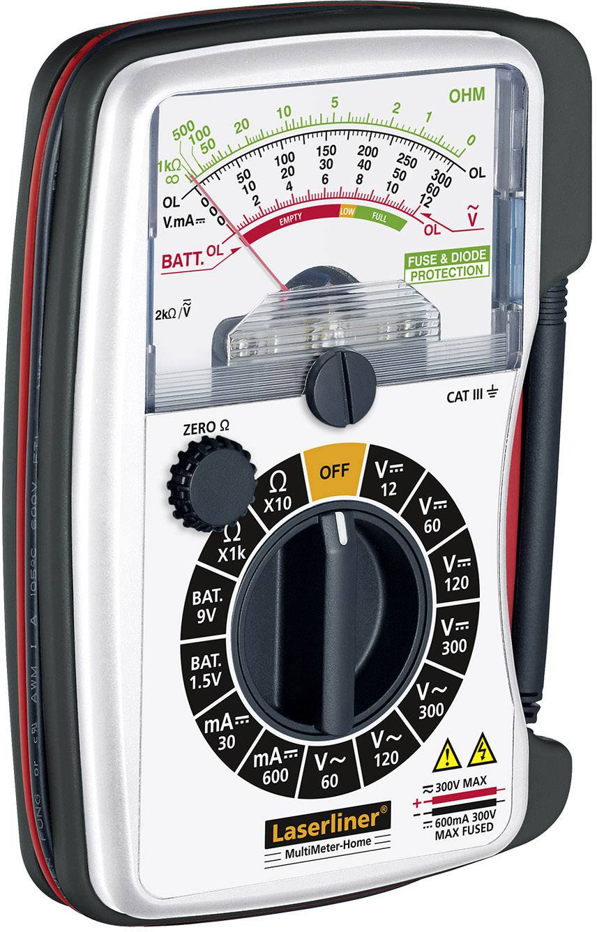 Analogue multimeter with scale for voltage, current and resistance. Control dial pointing to 'OFF', test leads connected on the left.
