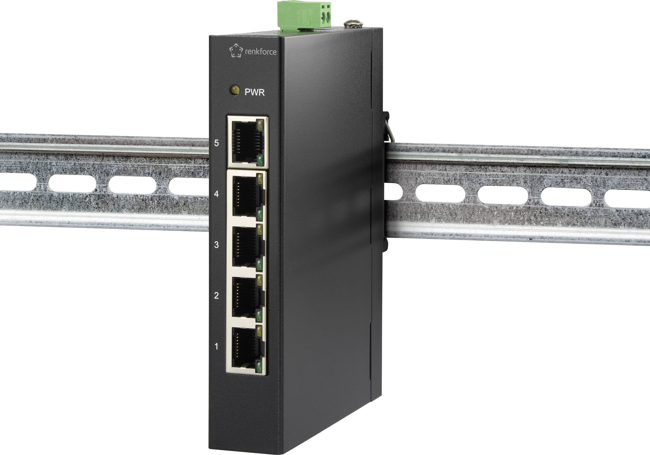 A black network switch with five Ethernet ports, mounted on a metal rail.