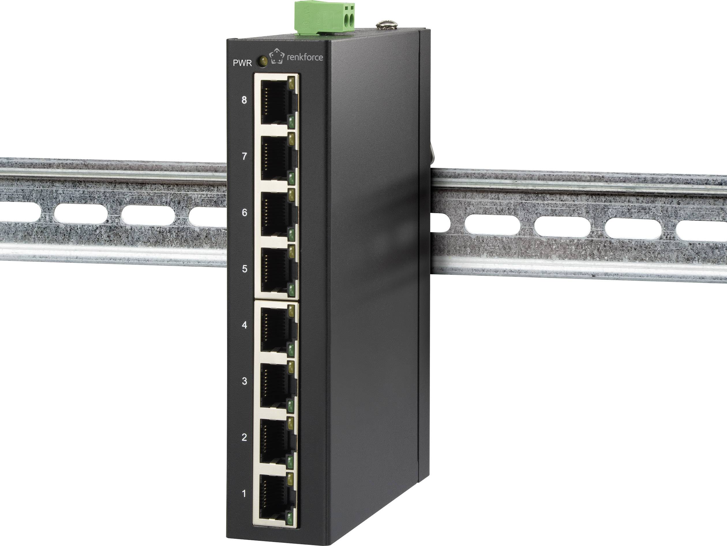 A black Ethernet switch with eight ports is mounted on a metal rail. A green power connection is visible on top.