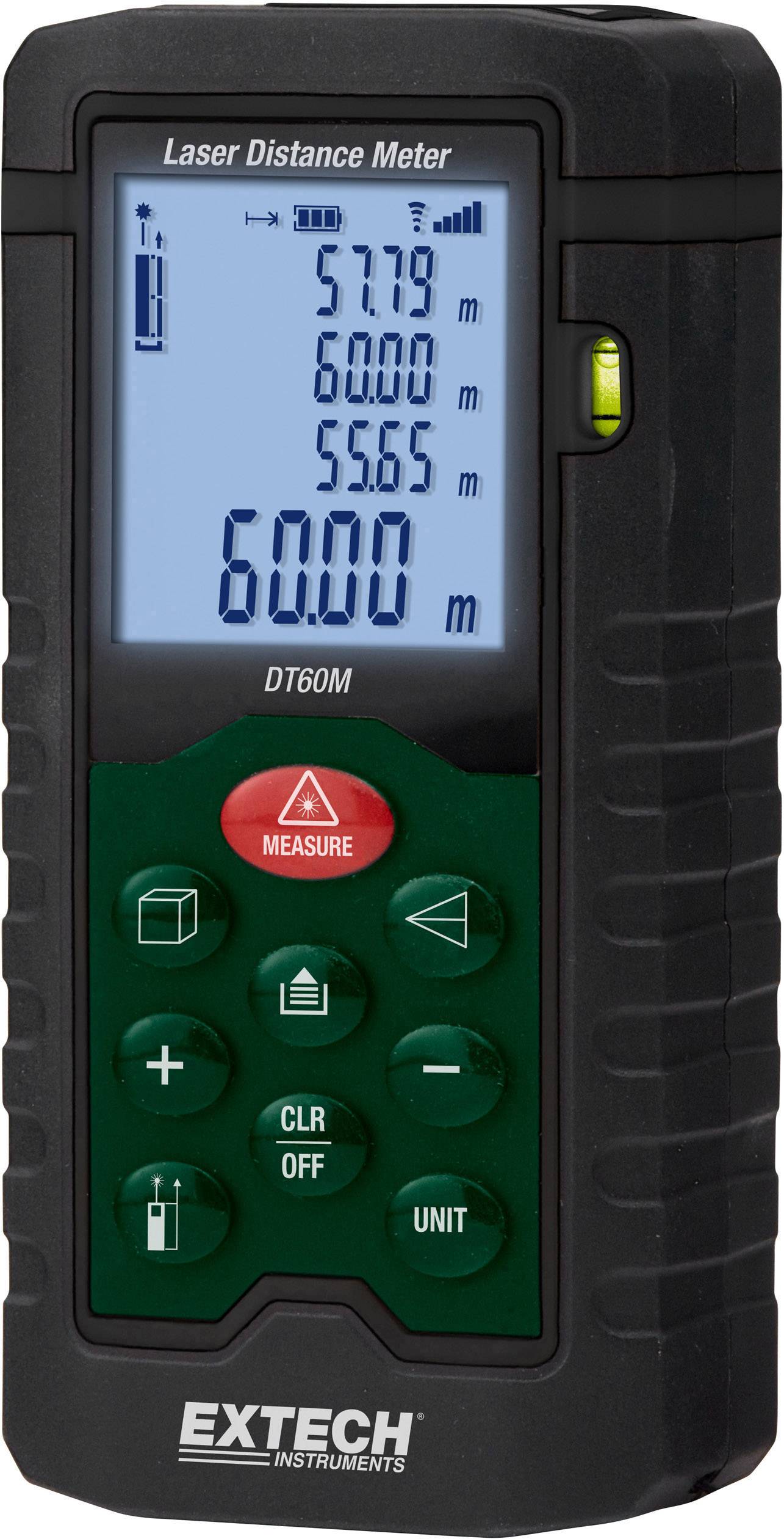A laser distance meter with a display showing measurements in metres. Control buttons are located on the front.