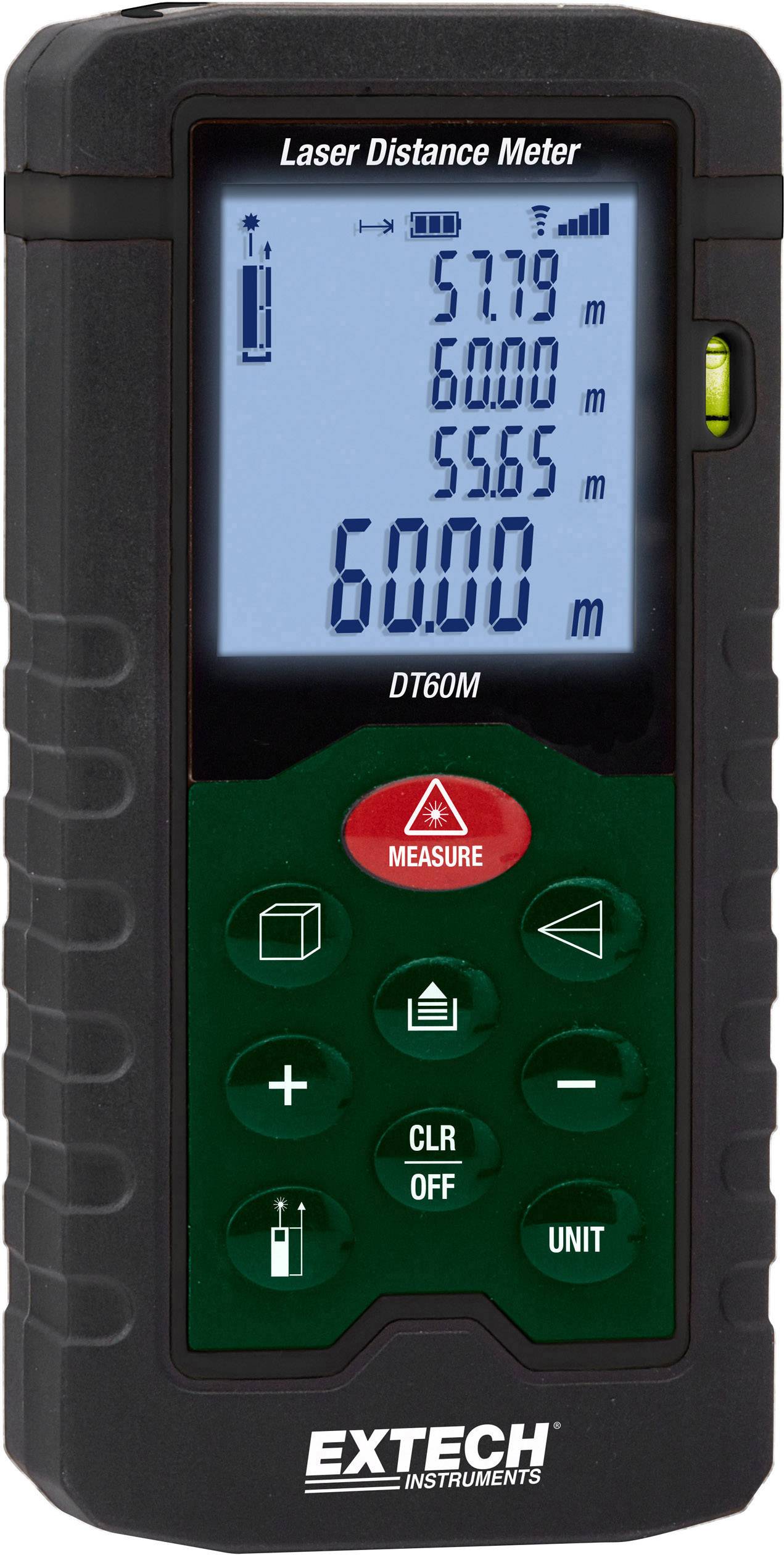 'Extech DT60M Laser Distance Metre' with digital display. Shows various measurements in metres: 57.79, 60.00, 55.65. Buttons for measurement and settings.
