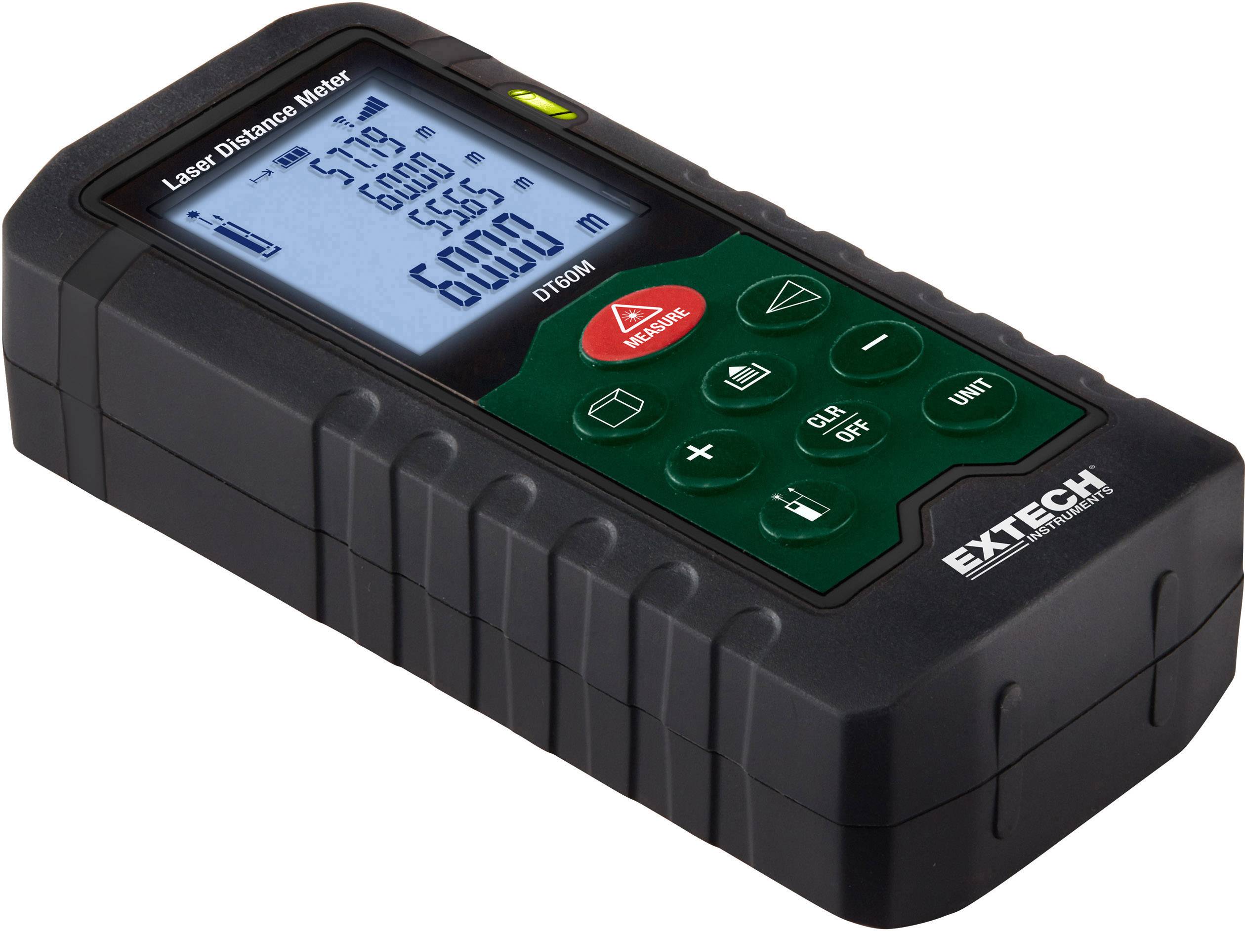 Electronic laser distance measuring device with LCD display, showing measurement values of 5.178 m and 6.000 m. Black casing, green buttons.
