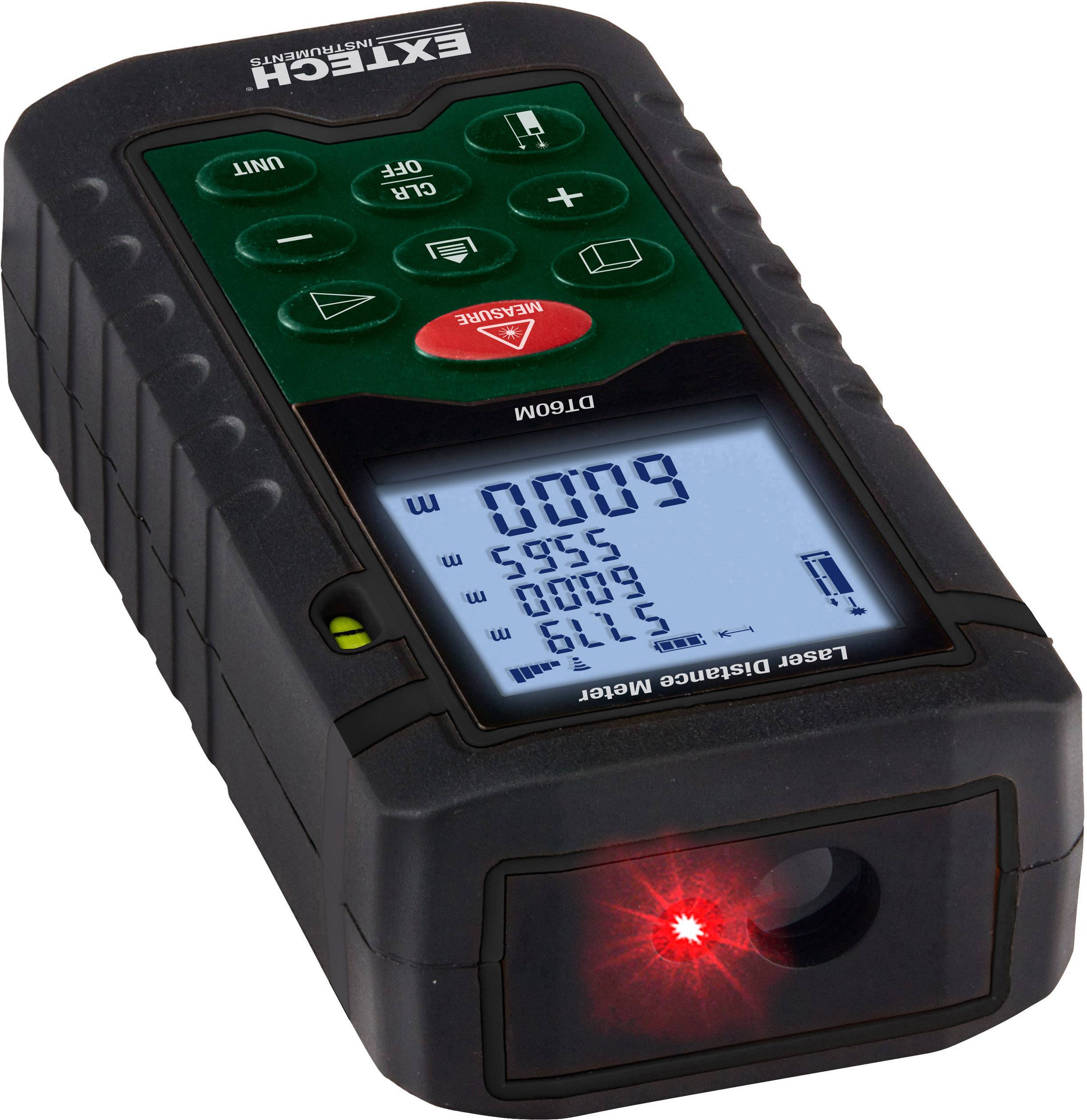 Laser distance meter with illuminated display, showing a measurement of '6000'. Human-machine interface with multiple buttons.