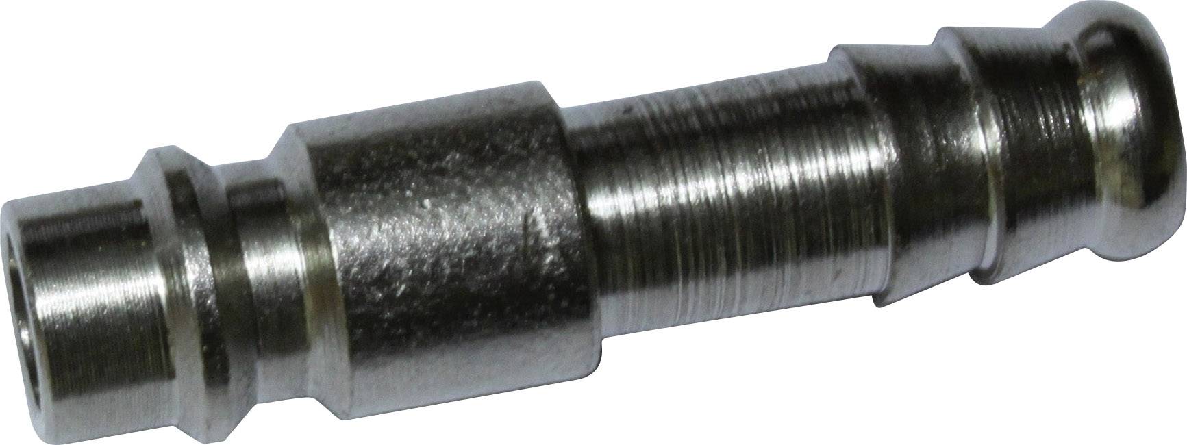 Metal quick-release coupling plug with grooves and cylindrical shape, suitable for compressed air hose connections in technical environments.