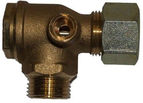 Brass fitting with three connections, cylindrical in shape, used in plumbing installations.