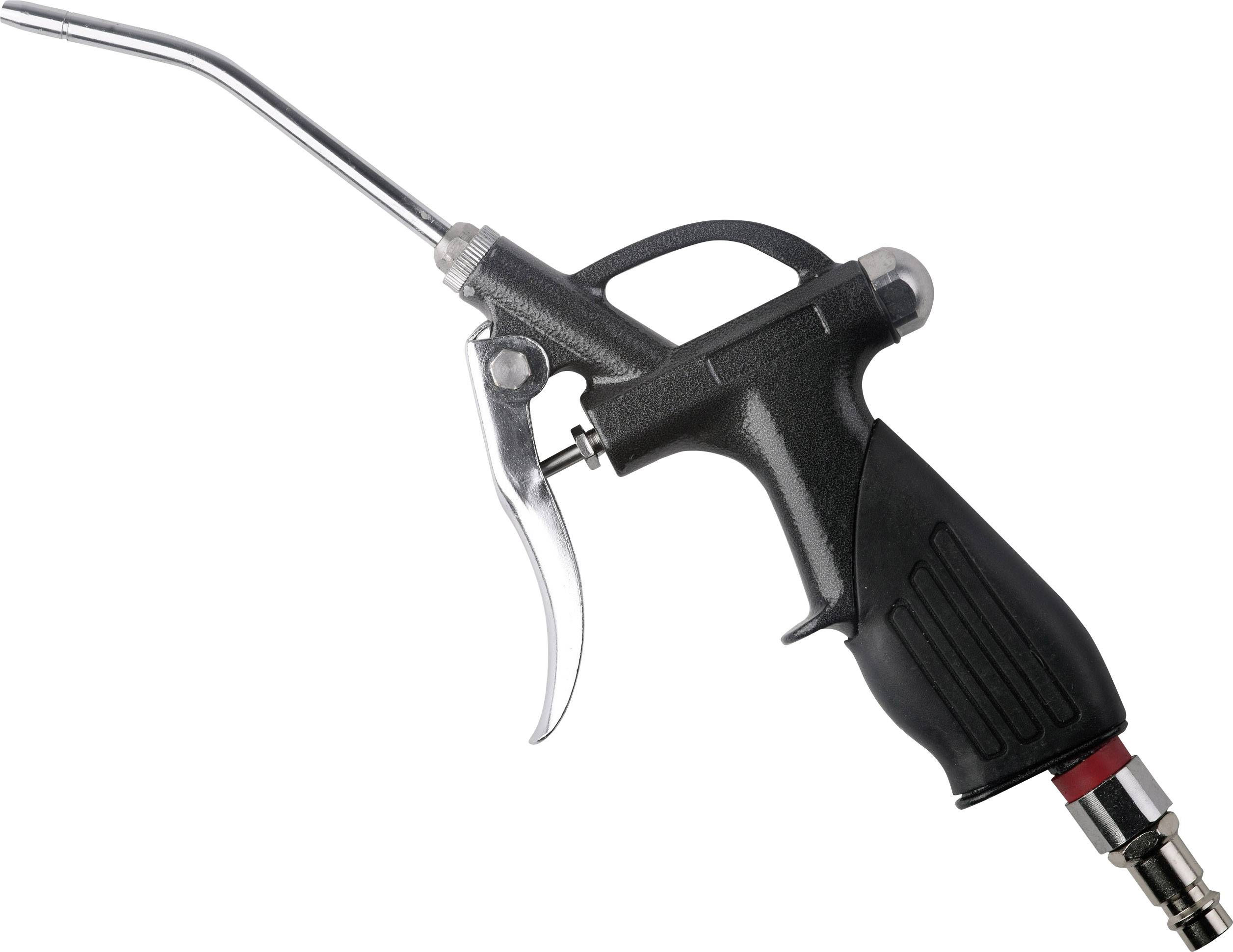 Air pressure blow gun with ergonomic handle and long metal barrel for cleaning machinery or hard-to-reach areas.