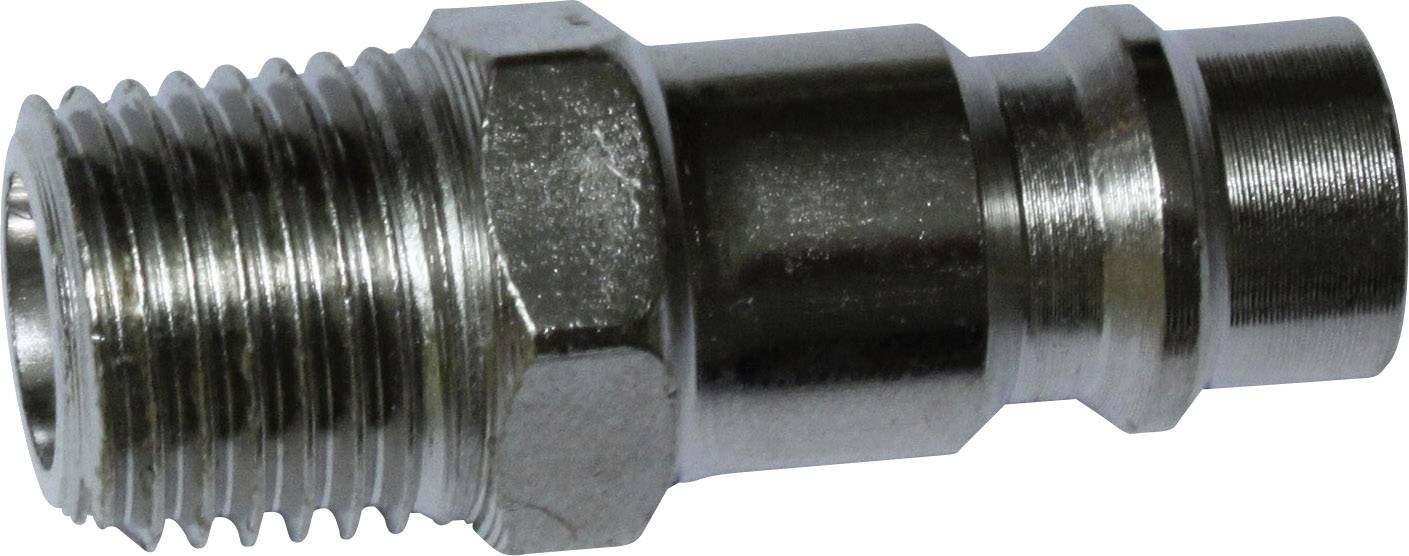 A metallic connecting stub with a threaded screw and knurled end, typically used in hose coupling systems.