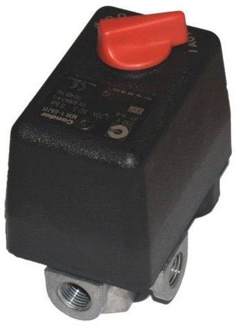 Black pressure switch with a red lever on top, used for regulating pressure in a system, often employed in compressors.