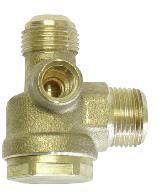 T-piece connector with three ports for pipe connections. Used for distributing or redirecting liquids or gases.