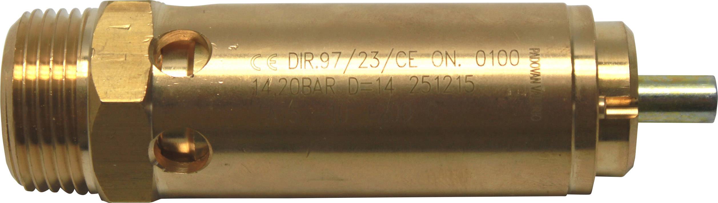 A brass cylinder with printed technical details, suitable for hydraulic applications, displays threads and valve mechanism.