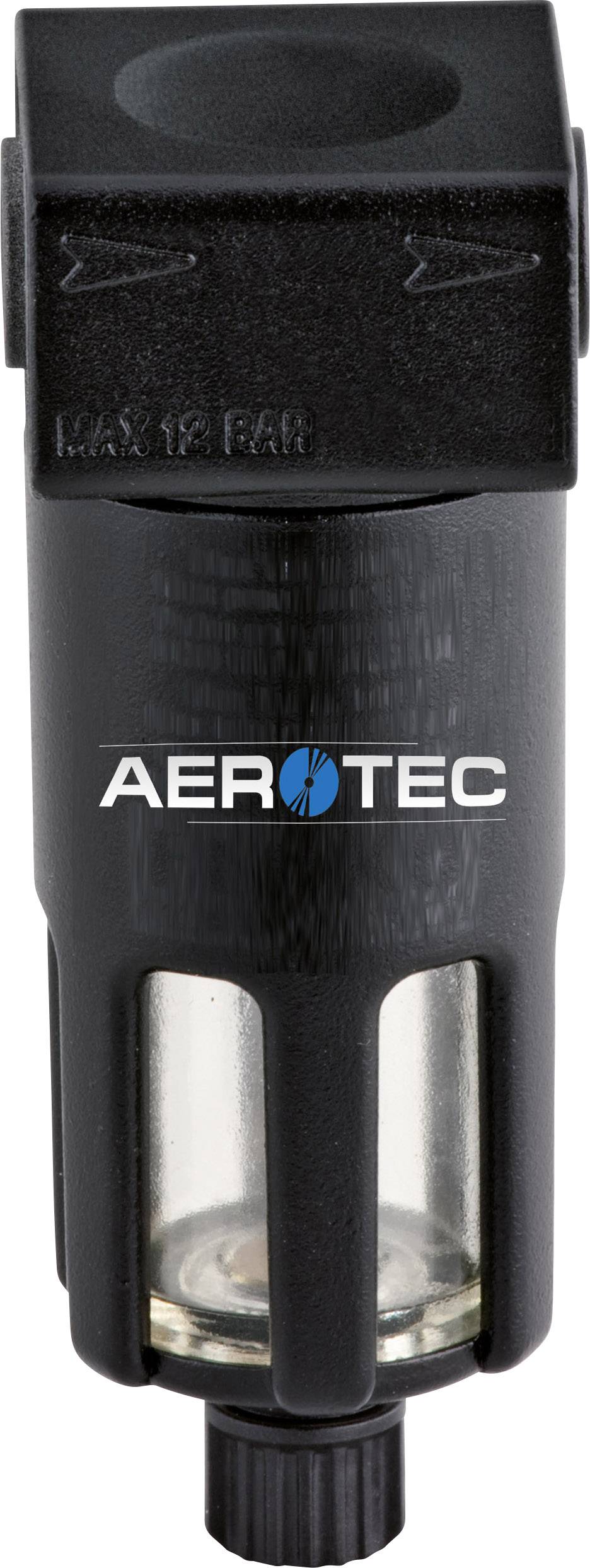 A black compressed air filter with the inscription 'AEROTEC' and a transparent section for checking the contents.