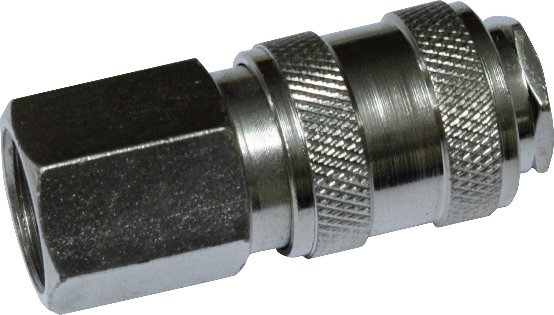 Metal coupling with knurled surface, cylindrical shape, and hexagonal connection at one end, suitable for compressed air systems.