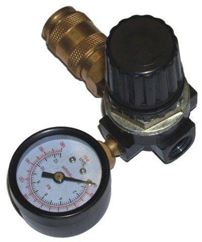 Pressure regulator with pressure gauge, rotary knob and two brass connections for pressure adjustment and monitoring in compressed air systems.