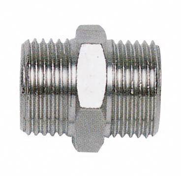 Metal pipe coupling with external threads on both ends, used for connecting pipelines in installations.