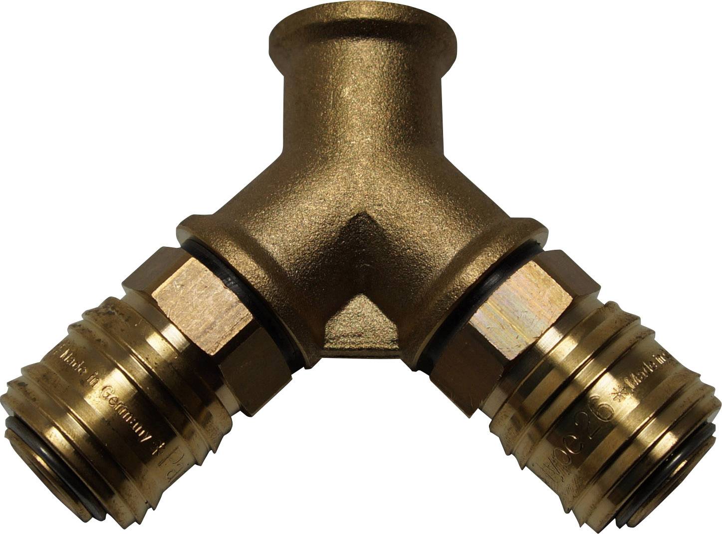 A Y-shaped brass water distributor with two separate outlets, perfect for simultaneously using two water hoses.