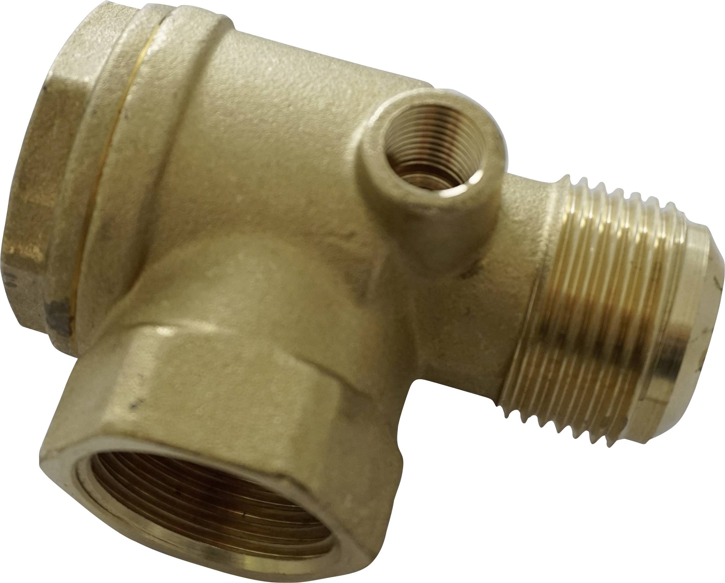 T-piece connector with three ports in various sizes for pipe connections. Suitable for plumbing or heating applications.