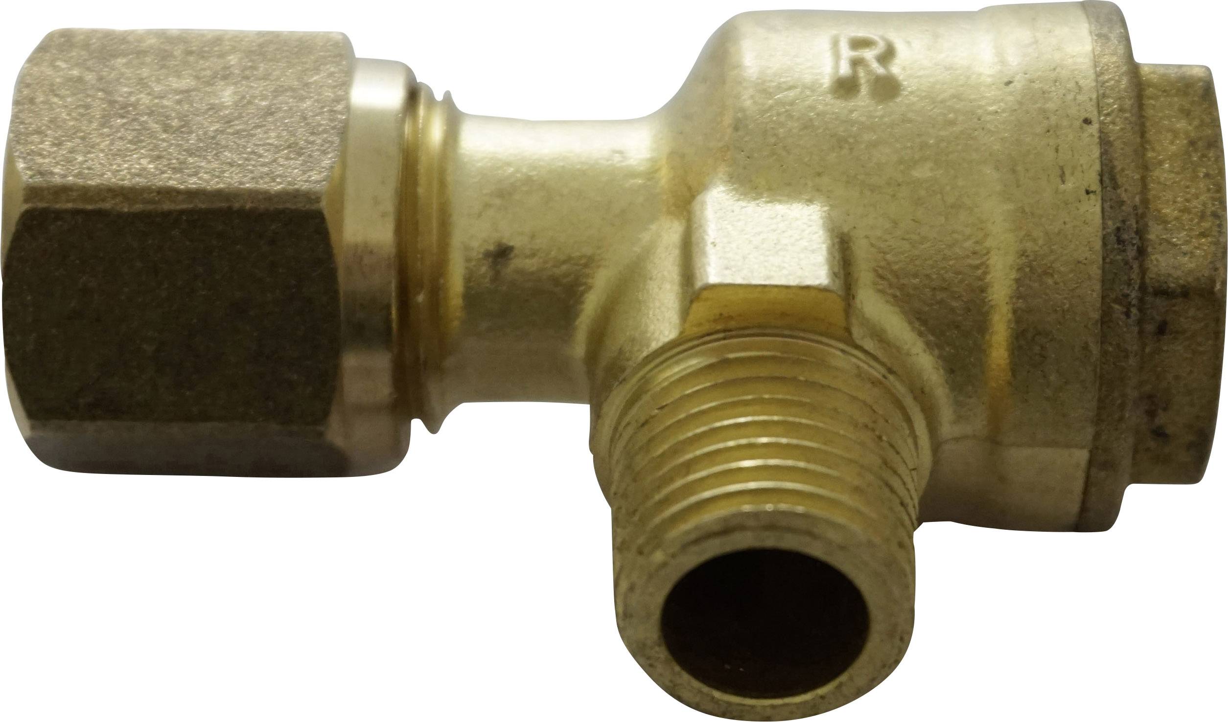 A brass angle connector with thread and hexagonal nut, used for pipe connections in plumbing or heating systems.