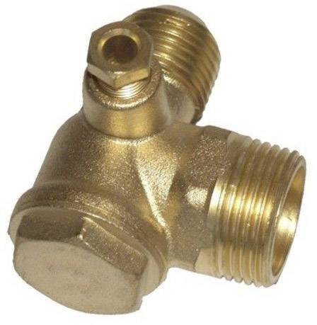 A brass angle connector with threaded aperture, commonly used for connecting pipes.