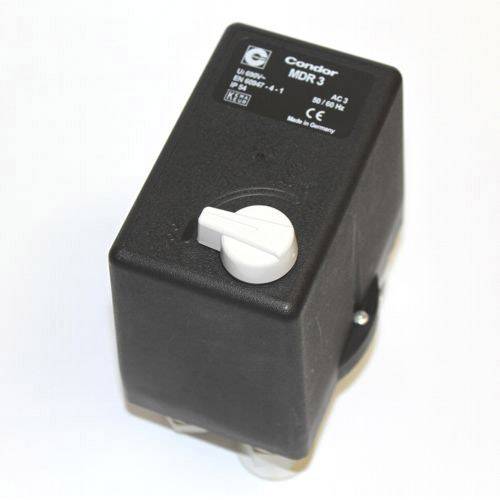 Black electric capacitor switch with white rotary knob, CE marking and manufacturer information on the top surface.